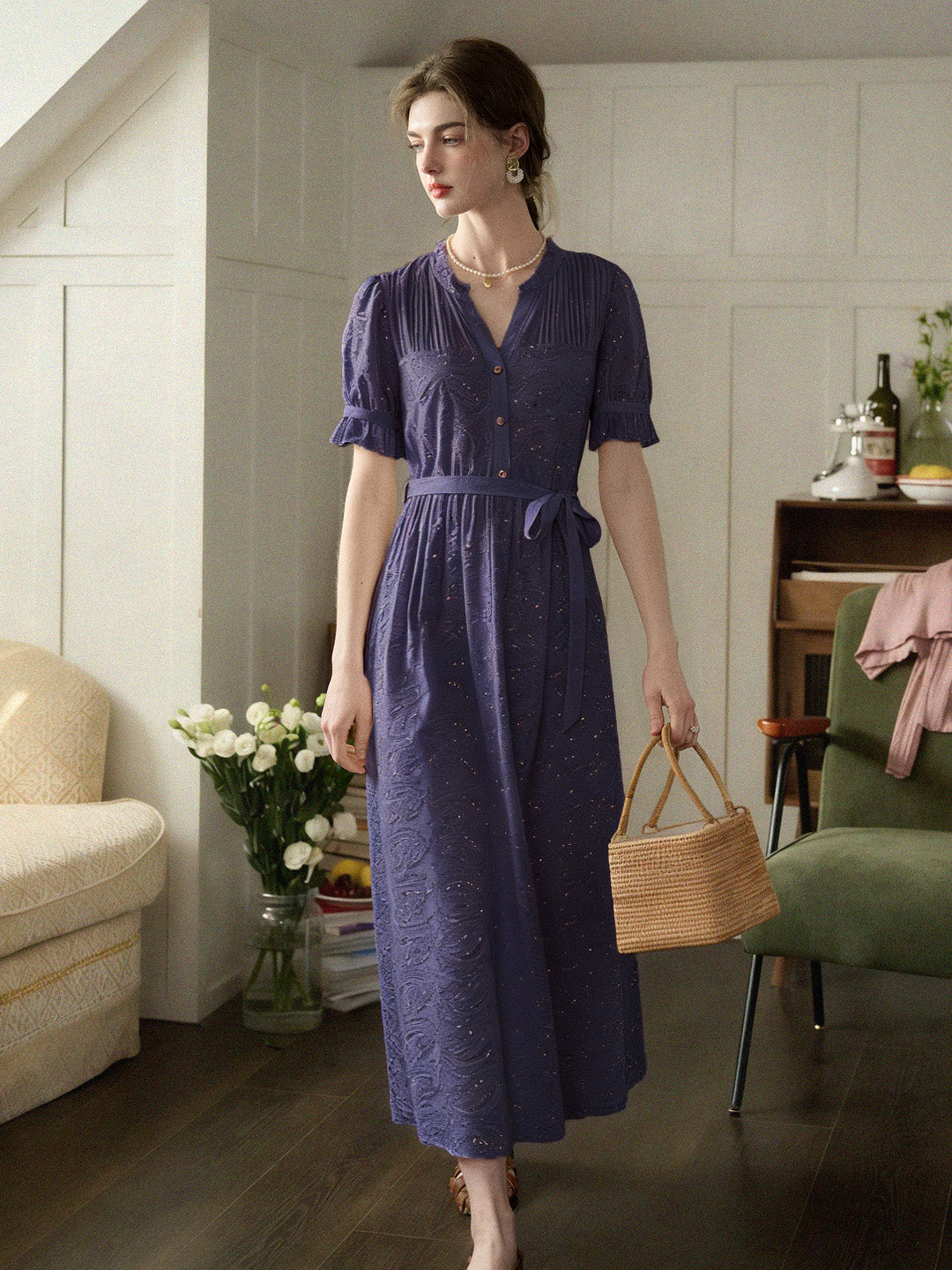 Aitana Rose Embroidered V-neck Puff Sleeve Lace Cotton Dress