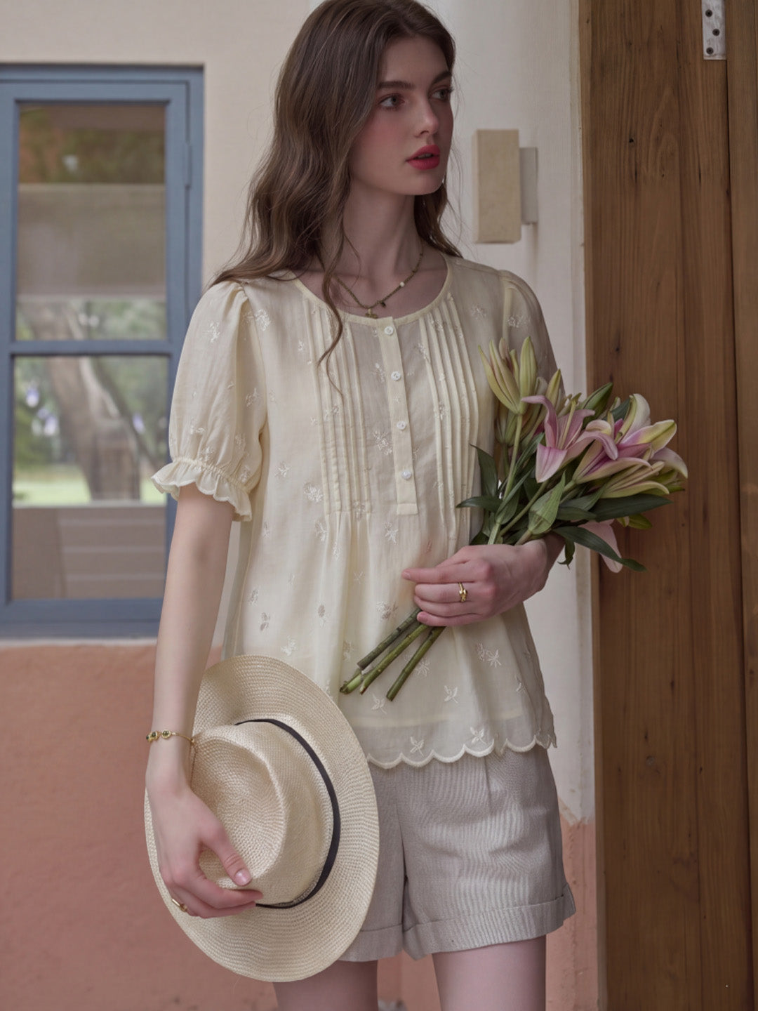 Moon Round Neck Embroidered Blouse