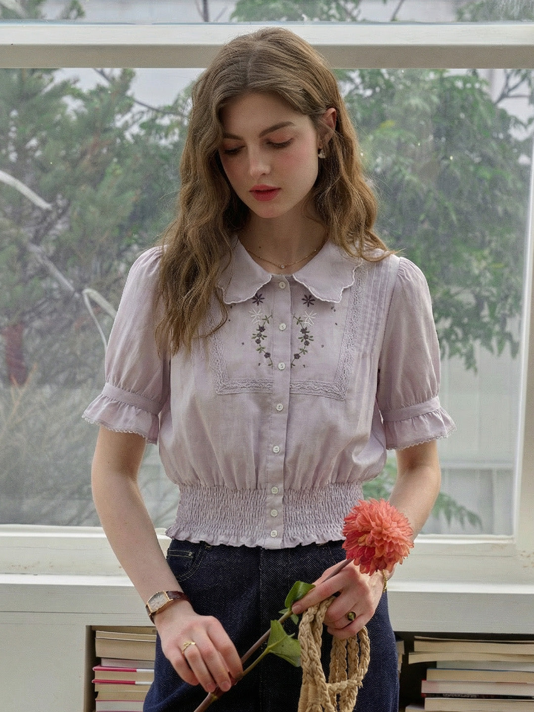 Giuliana Peter Pan Collar Embroidered Blouse