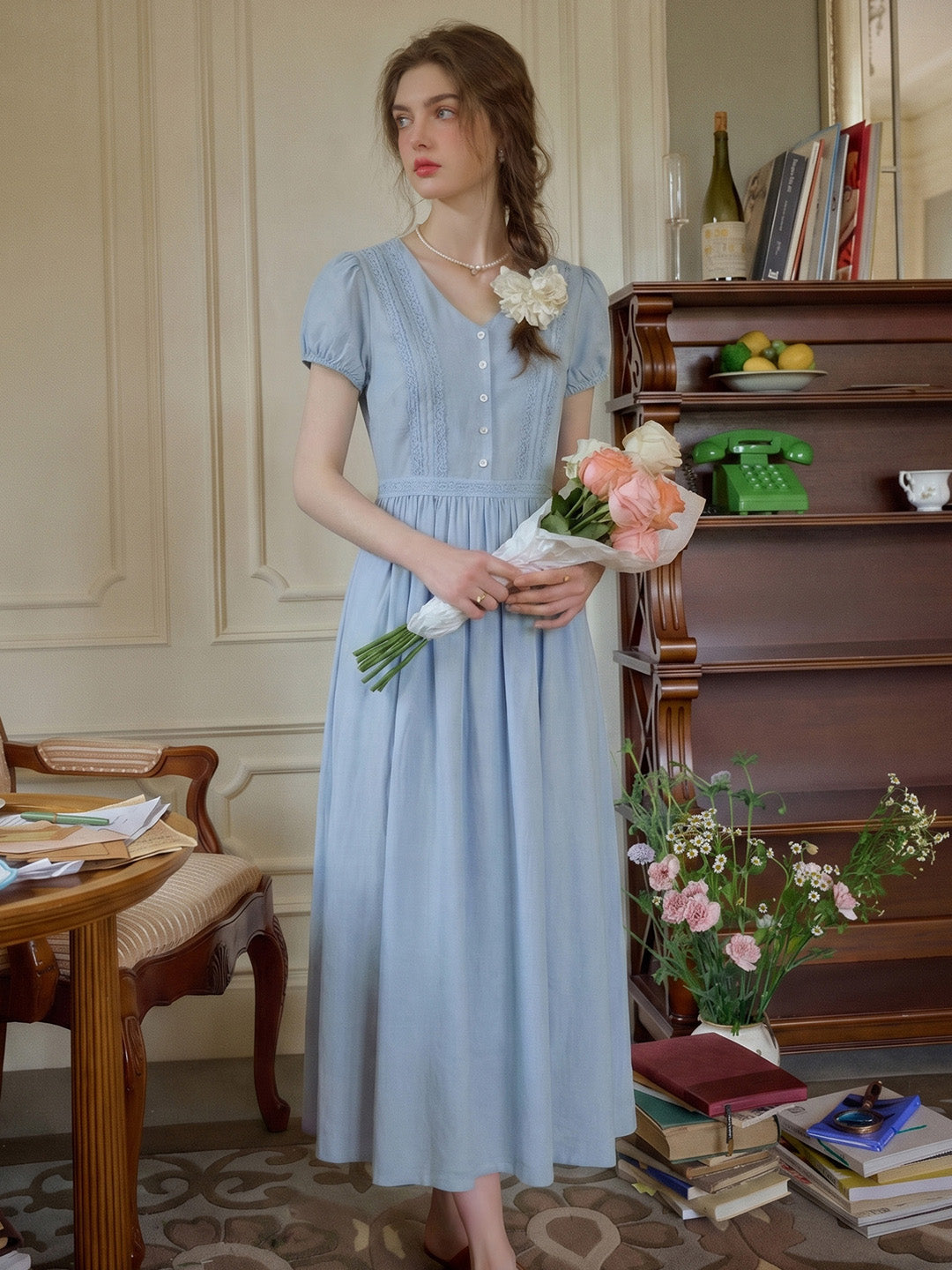 Bailee V-Neck Puff Sleeves Dress