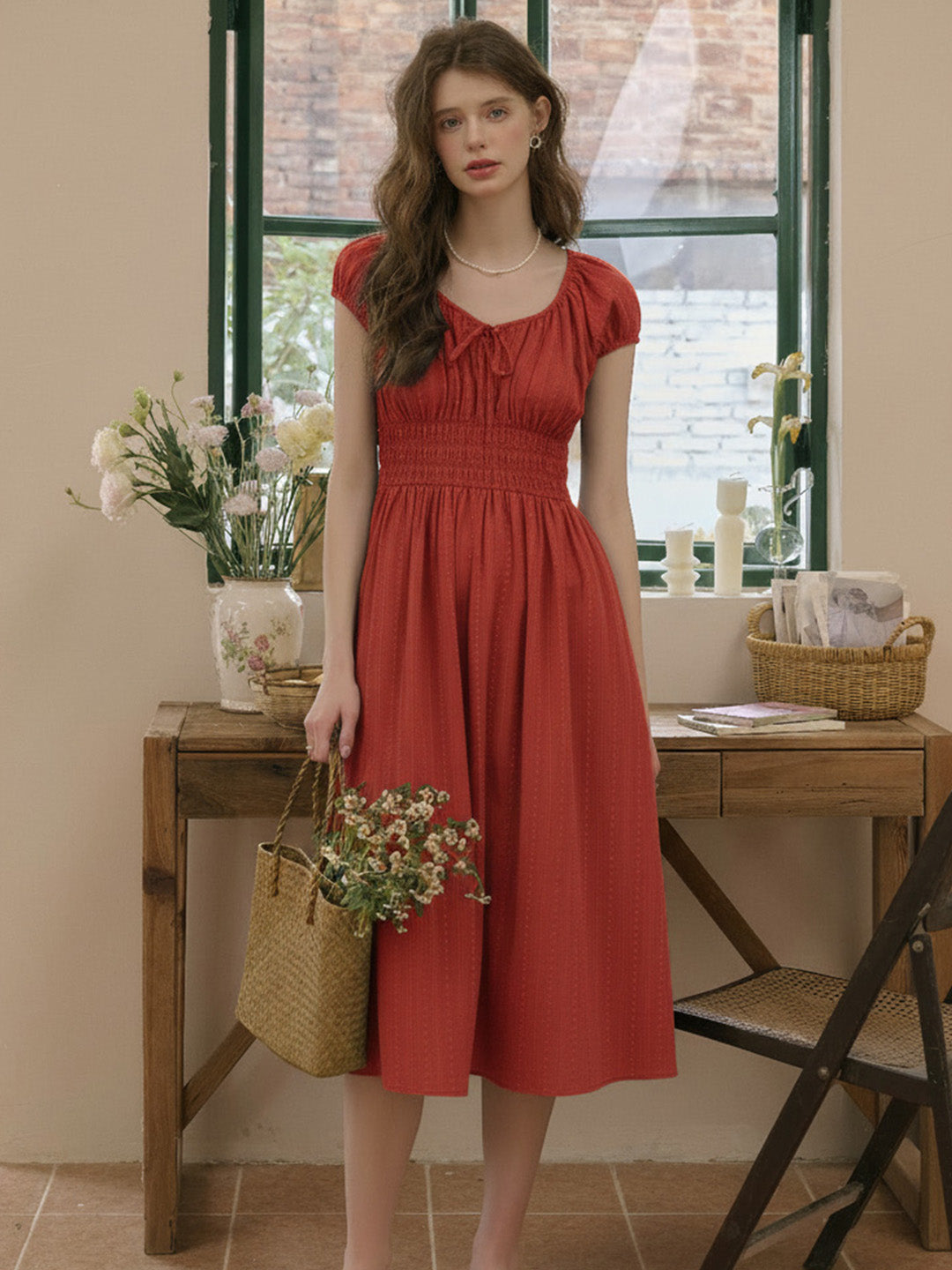 Sapphire Round Neck Waist Cotton Dress