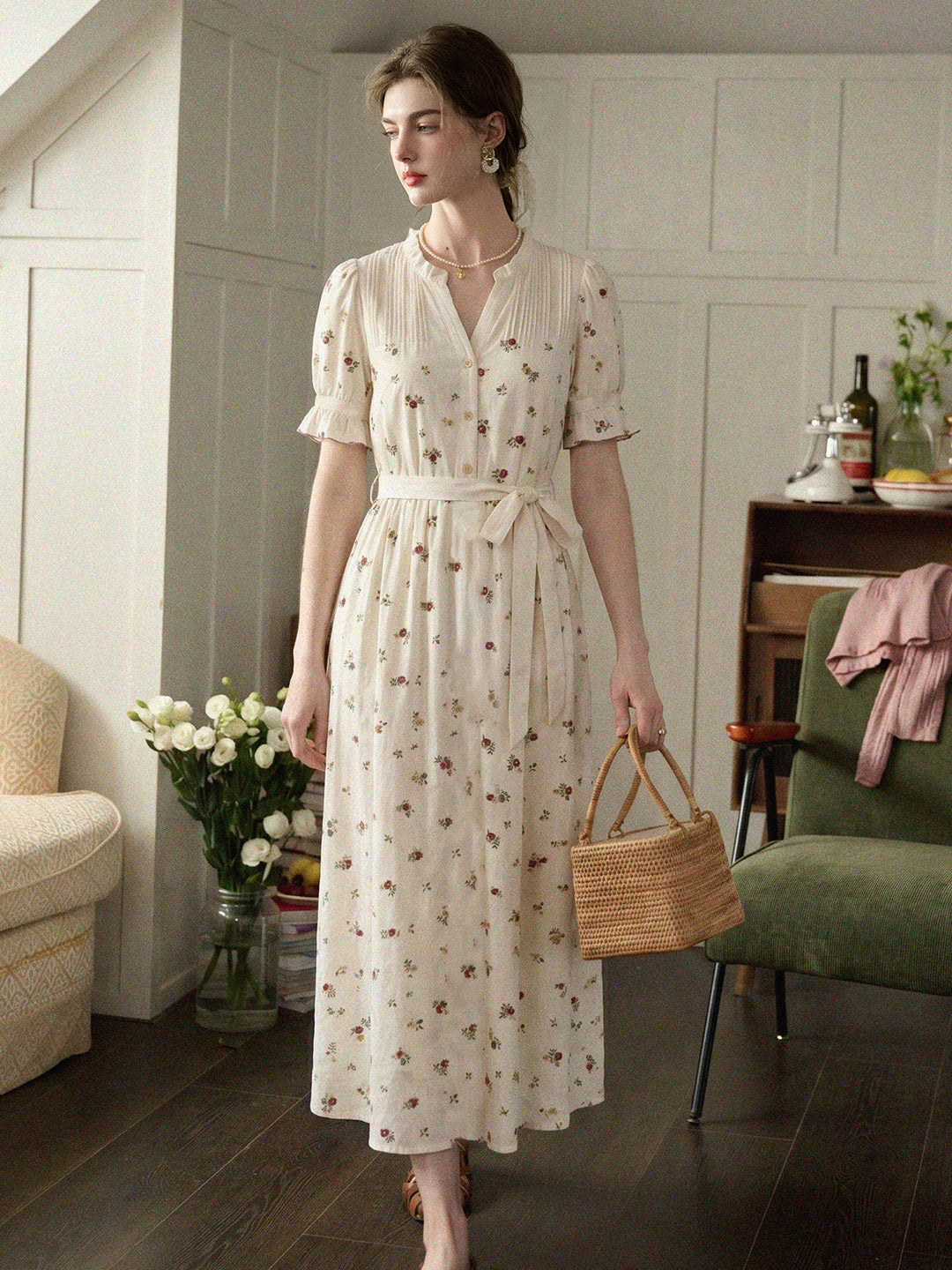 Aitana Rose Embroidered V-neck Puff Sleeve Lace Cotton Dress