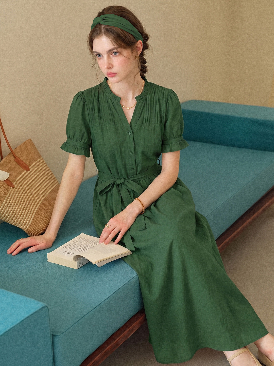 Aitana Rose Embroidered V-neck Puff Sleeve Lace Cotton Dress