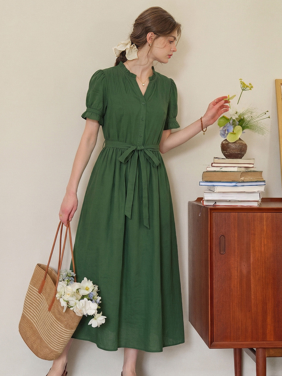 Aitana Rose Embroidered V-neck Puff Sleeve Lace Cotton Dress