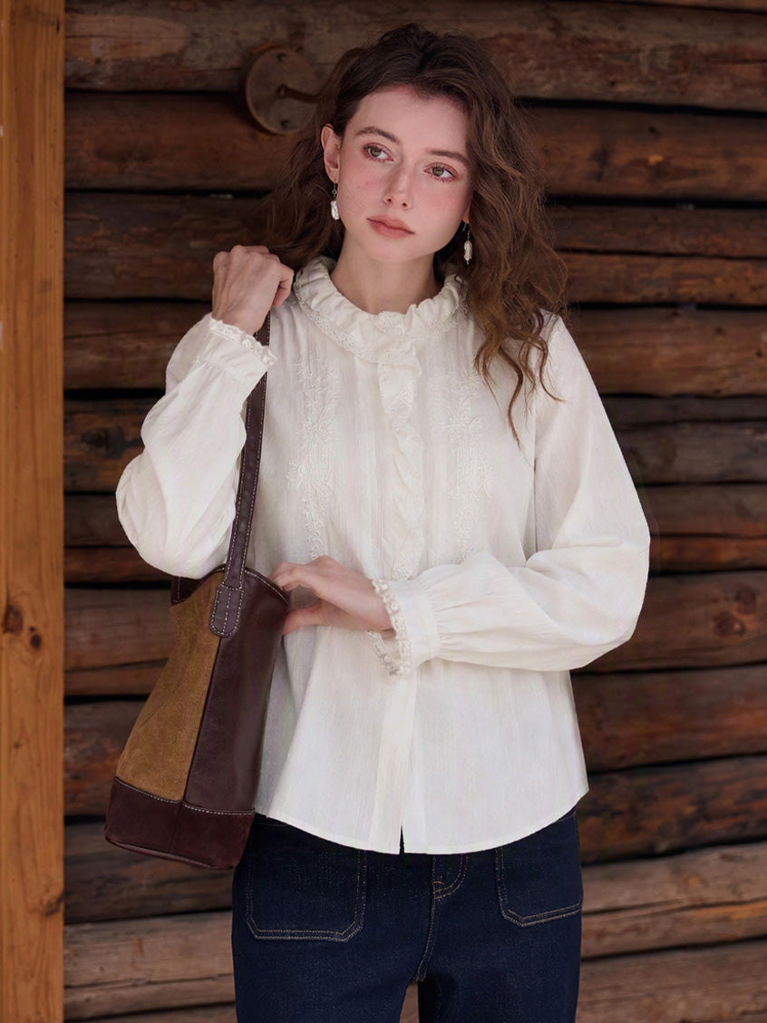 Hermosa French Embroidery Ruffle Collar Blouse