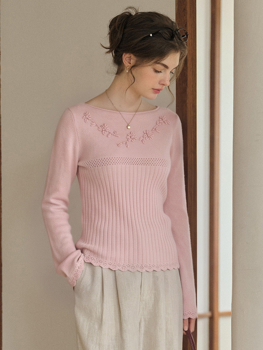 Pansy Floral-Embroidered Boat-Neck Knit Top