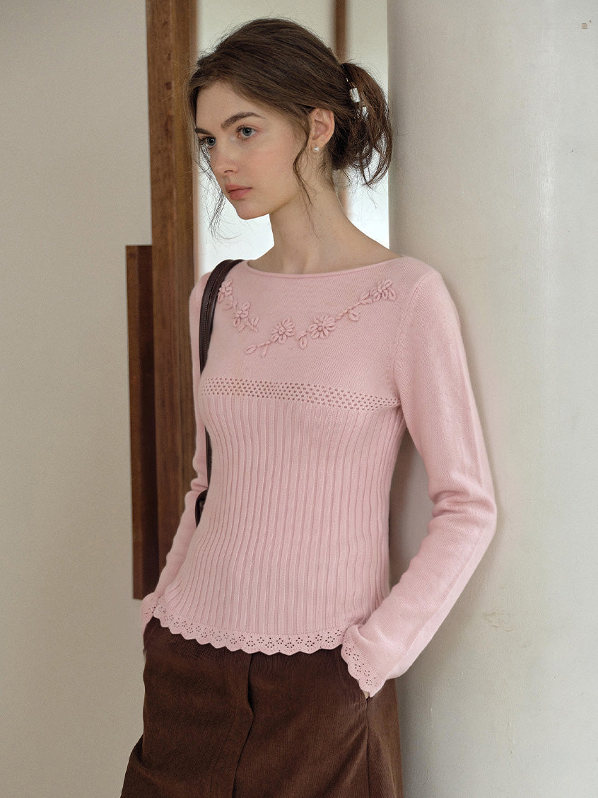 Pansy Floral-Embroidered Boat-Neck Knit Top
