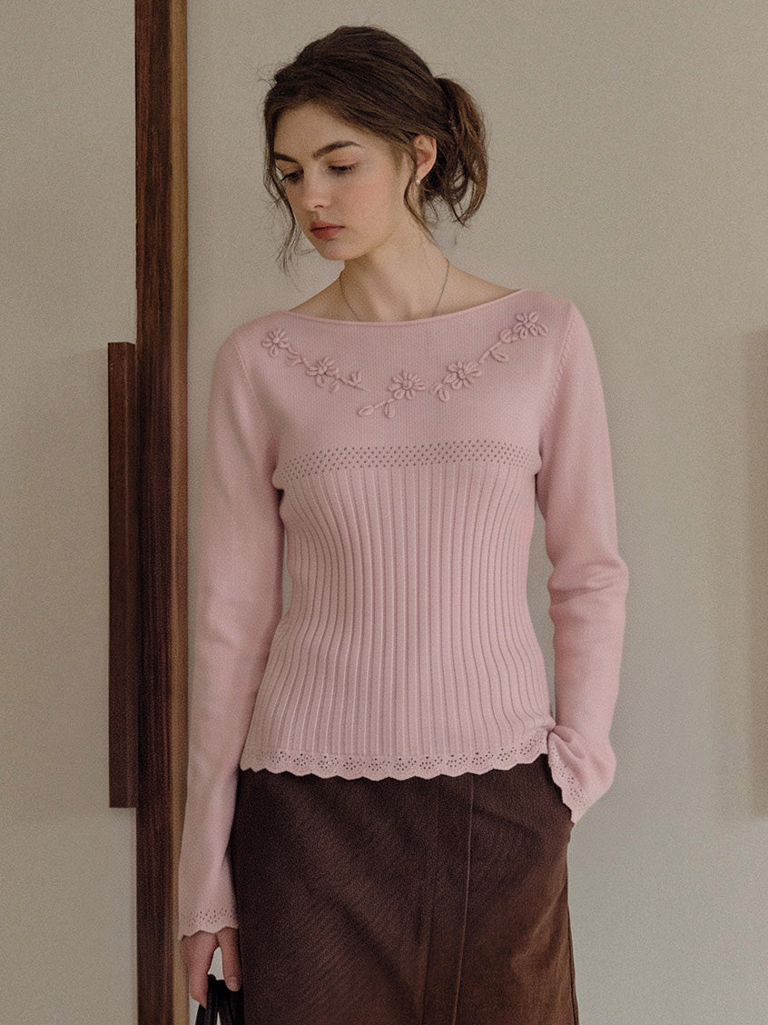 Pansy Floral-Embroidered Boat-Neck Knit Top