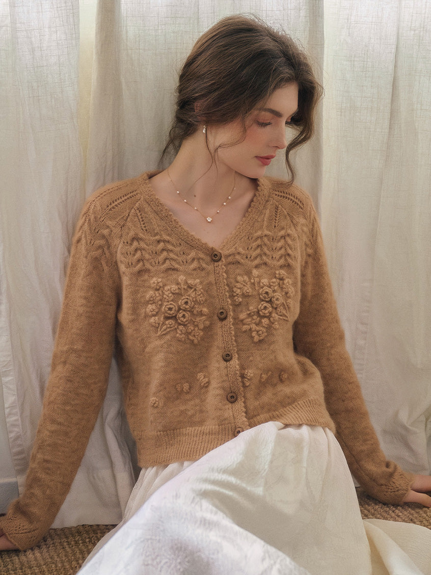 Ottilie Embroidered Rose V-Neck Cable Cardigan