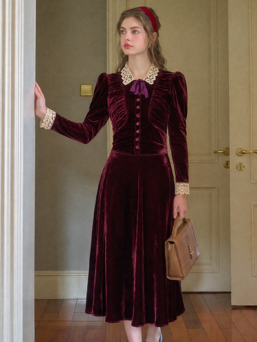 Rosalind Lace-Collar Vintage Velvet Dress