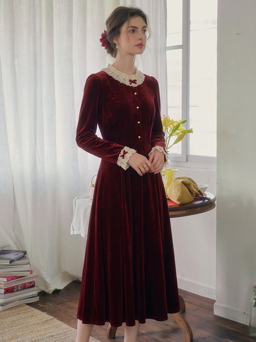 Marguerite Bow-Collar Lace-Trim Velvet Dress