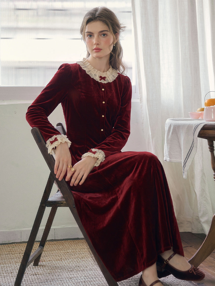 Marguerite Bow-Collar Lace-Trim Velvet Dress