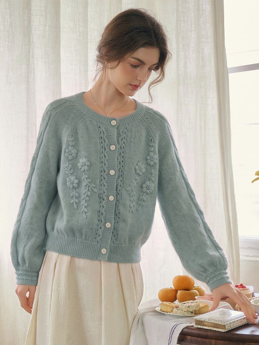 Fernanda Round Neck Handmade Embroidered Floral Cardigan
