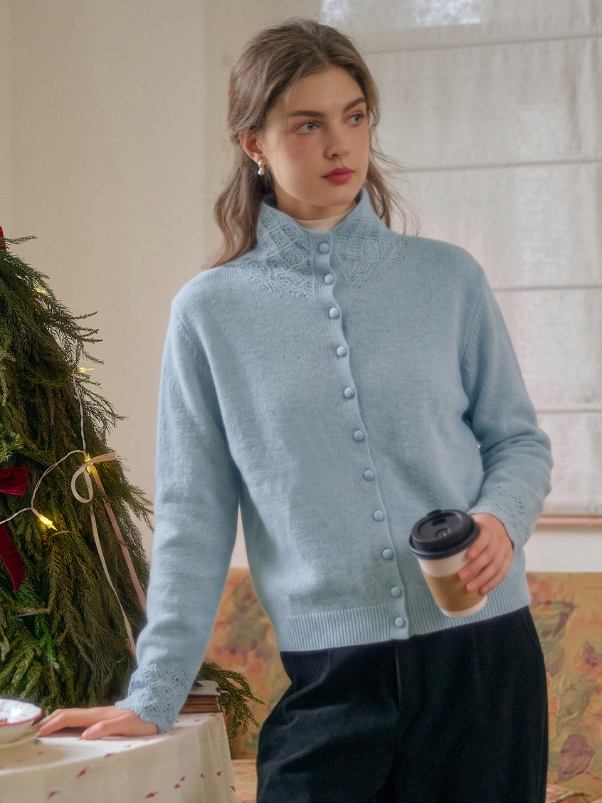 Cecile Pearl-Button Pointelle Stand-Collar Cardigan