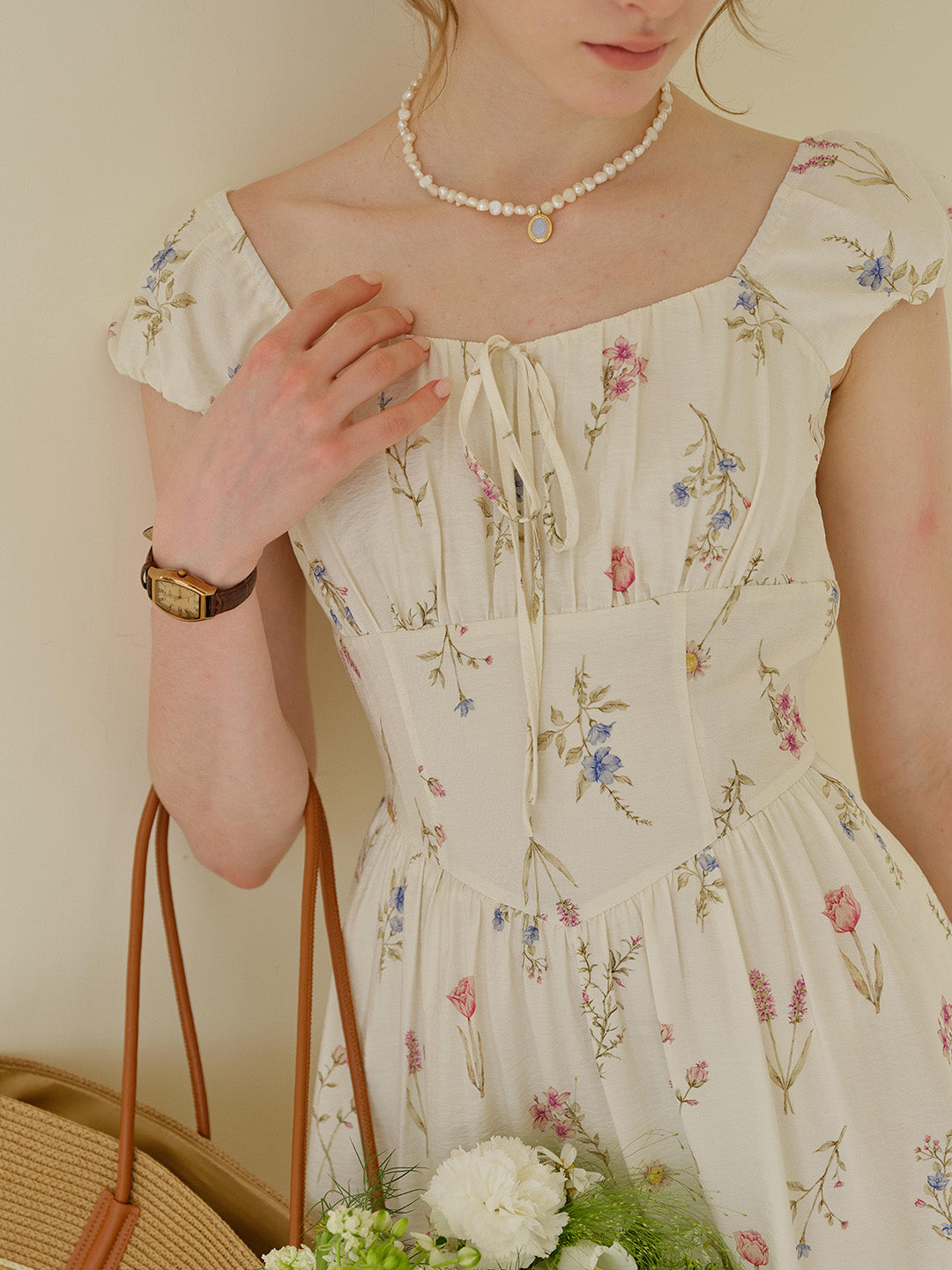 Sapphire Round Neck Waist Floral Dress