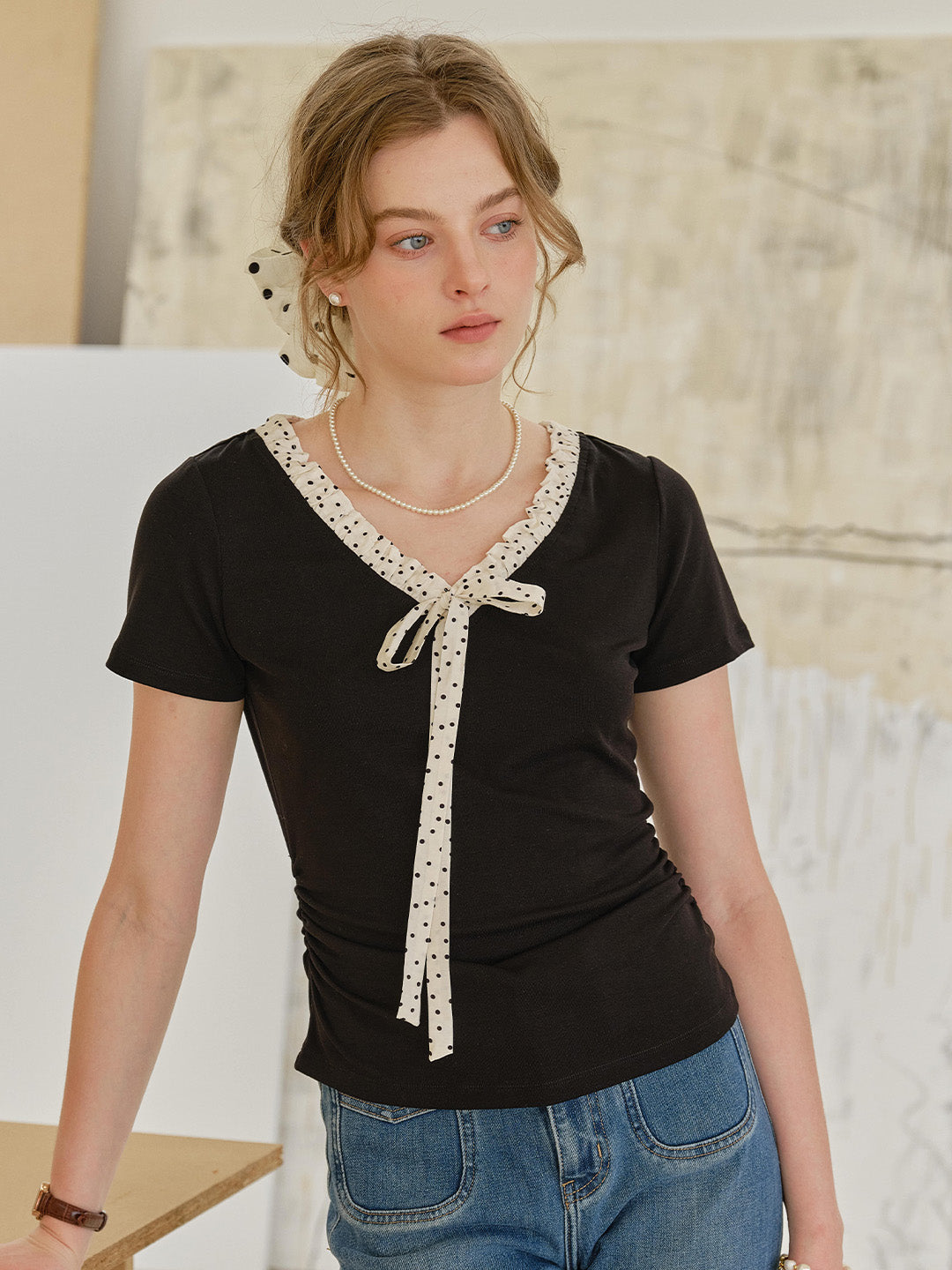 Peyton V-Neck Dots Bow Blouse