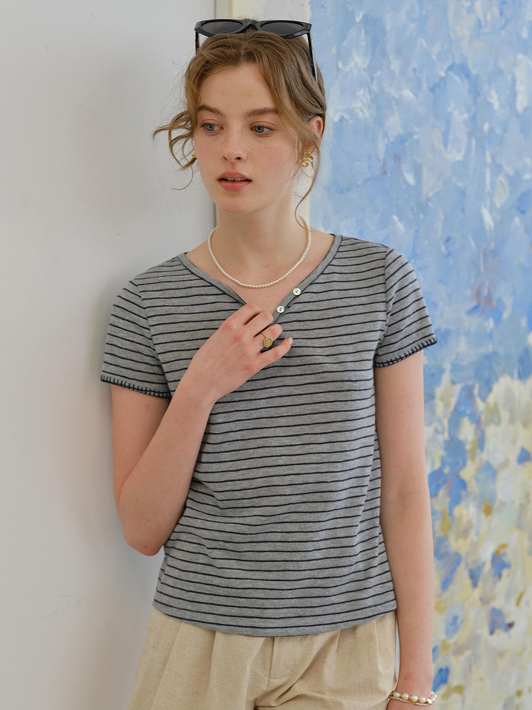 Natalie V-Neck Stripe Cotton Blouse
