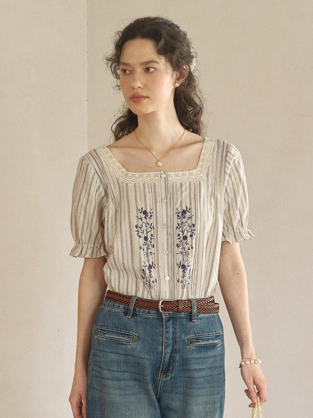 Jemma Square Neck Embroidered 100% Cotton Blouse