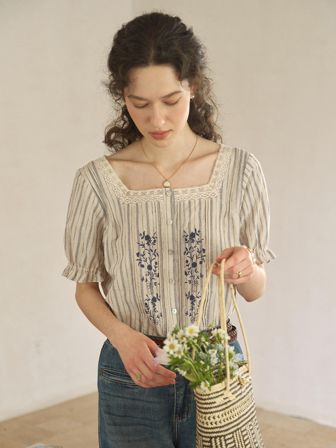Jemma Square Neck Embroidered 100% Cotton Blouse