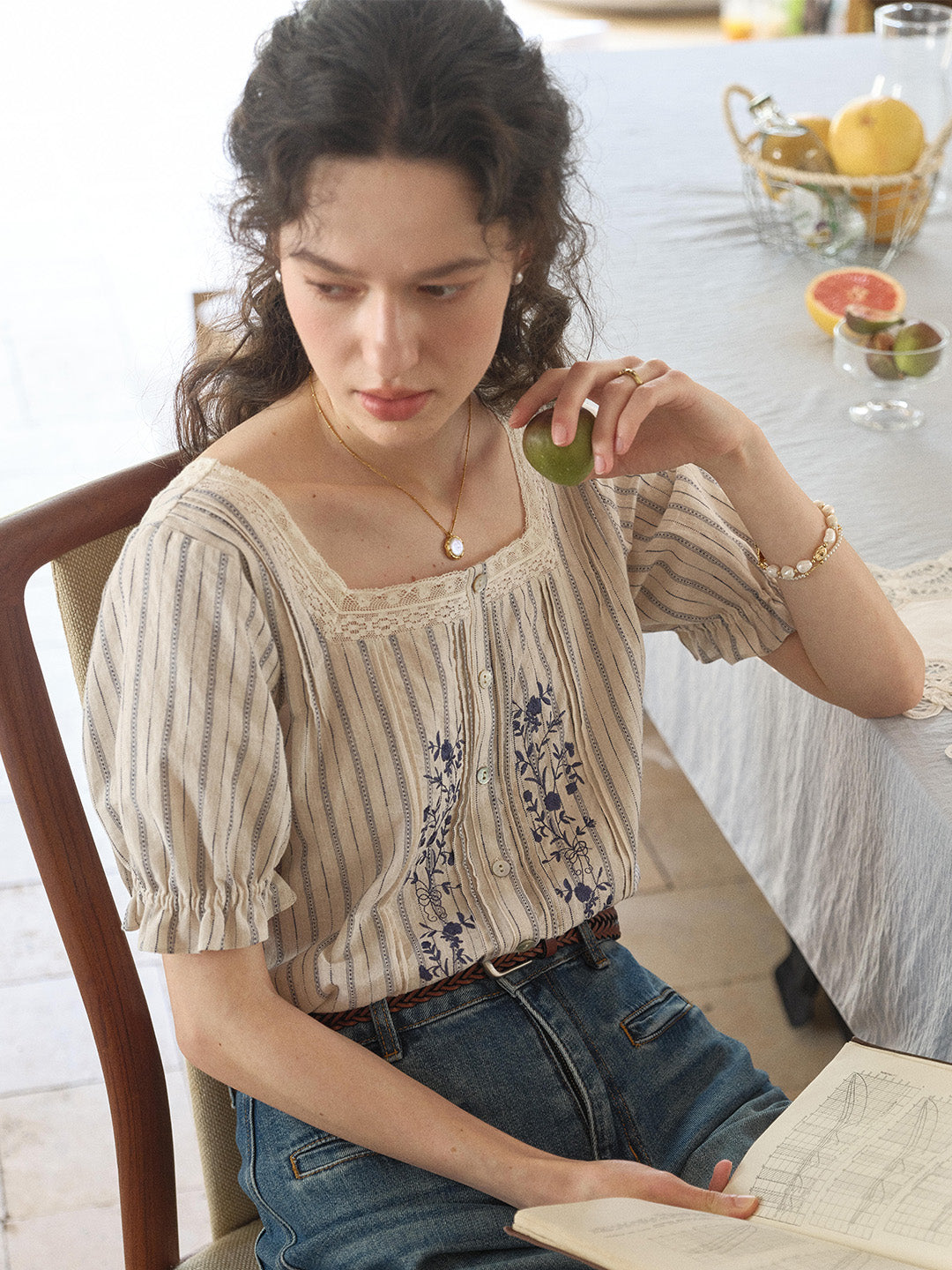 Jemma Square Neck Embroidered 100% Cotton Blouse