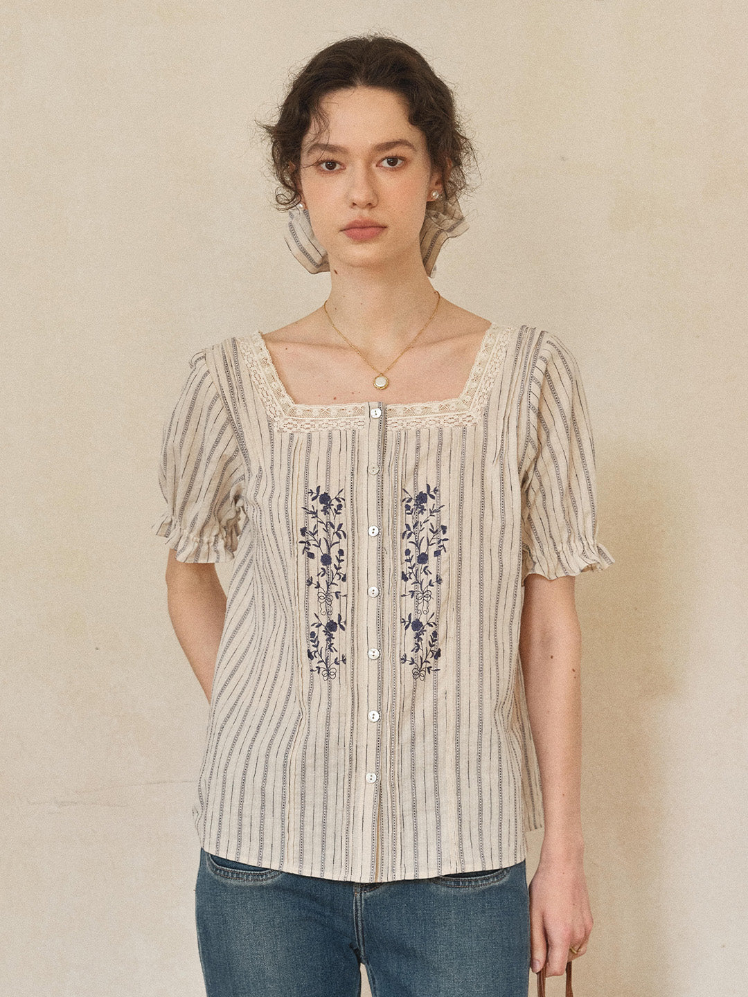 Jemma Square Neck Embroidered 100% Cotton Blouse