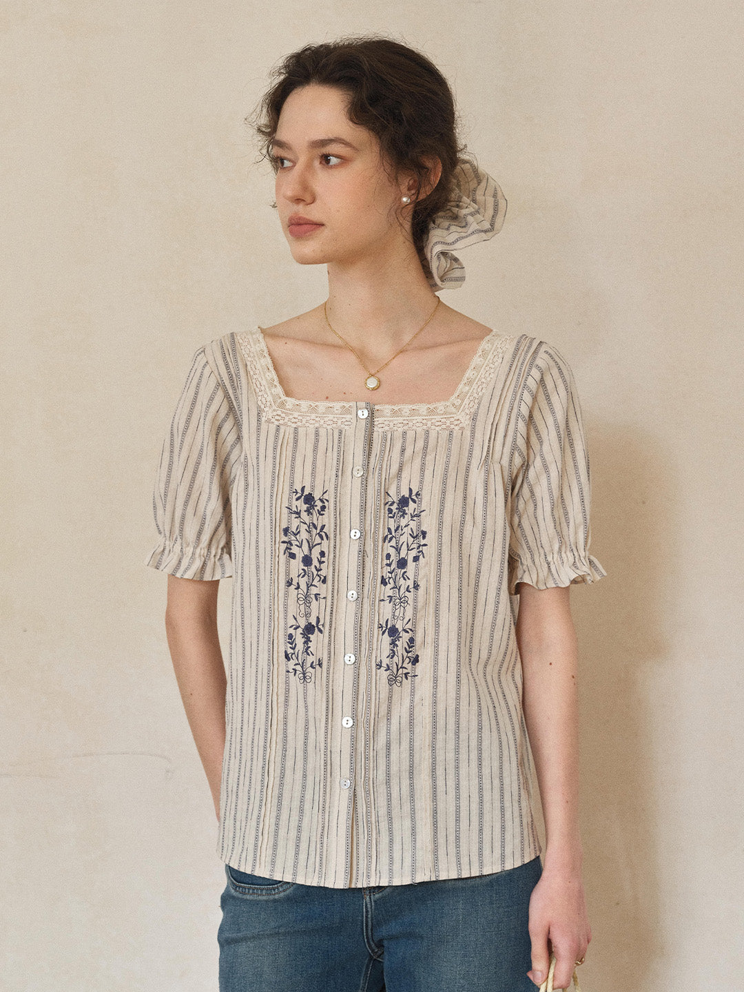 Jemma Square Neck Embroidered 100% Cotton Blouse