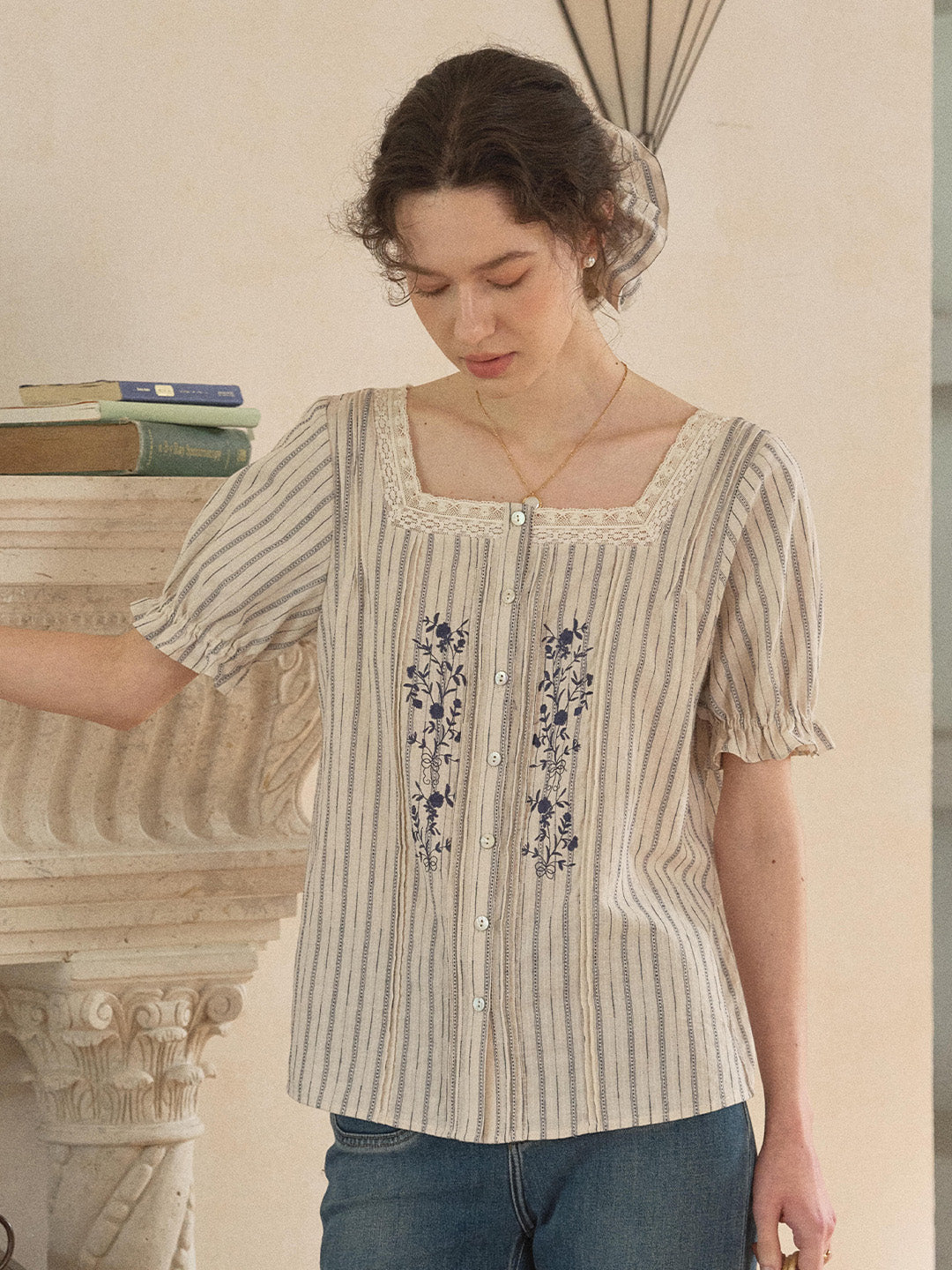 Jemma Square Neck Embroidered 100% Cotton Blouse