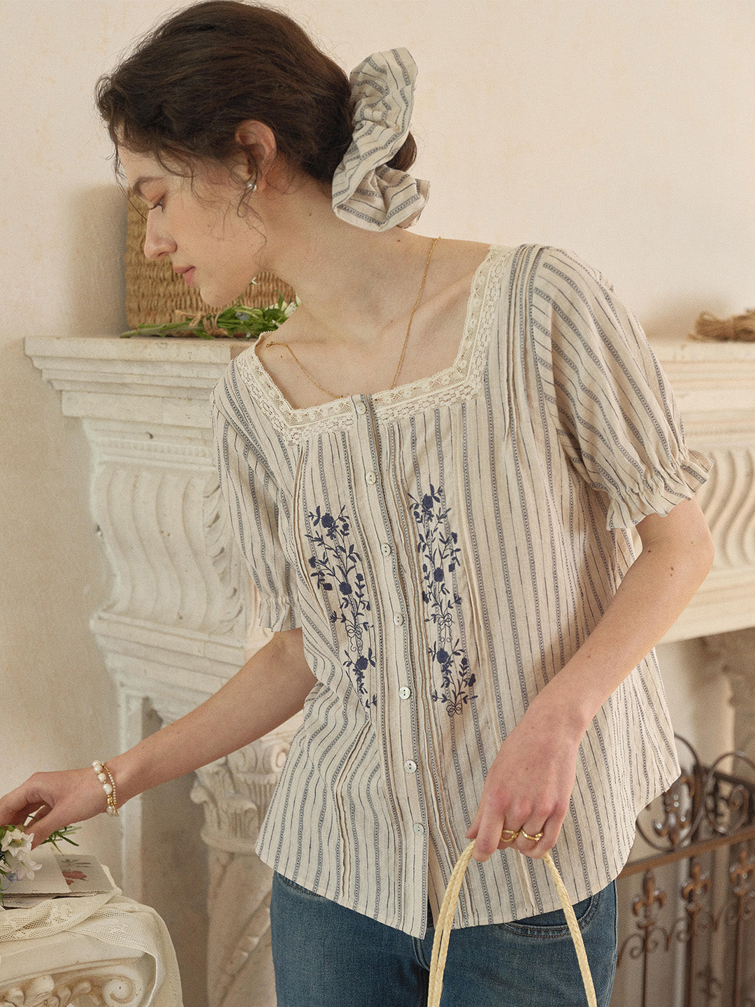 Jemma Square Neck Embroidered 100% Cotton Blouse