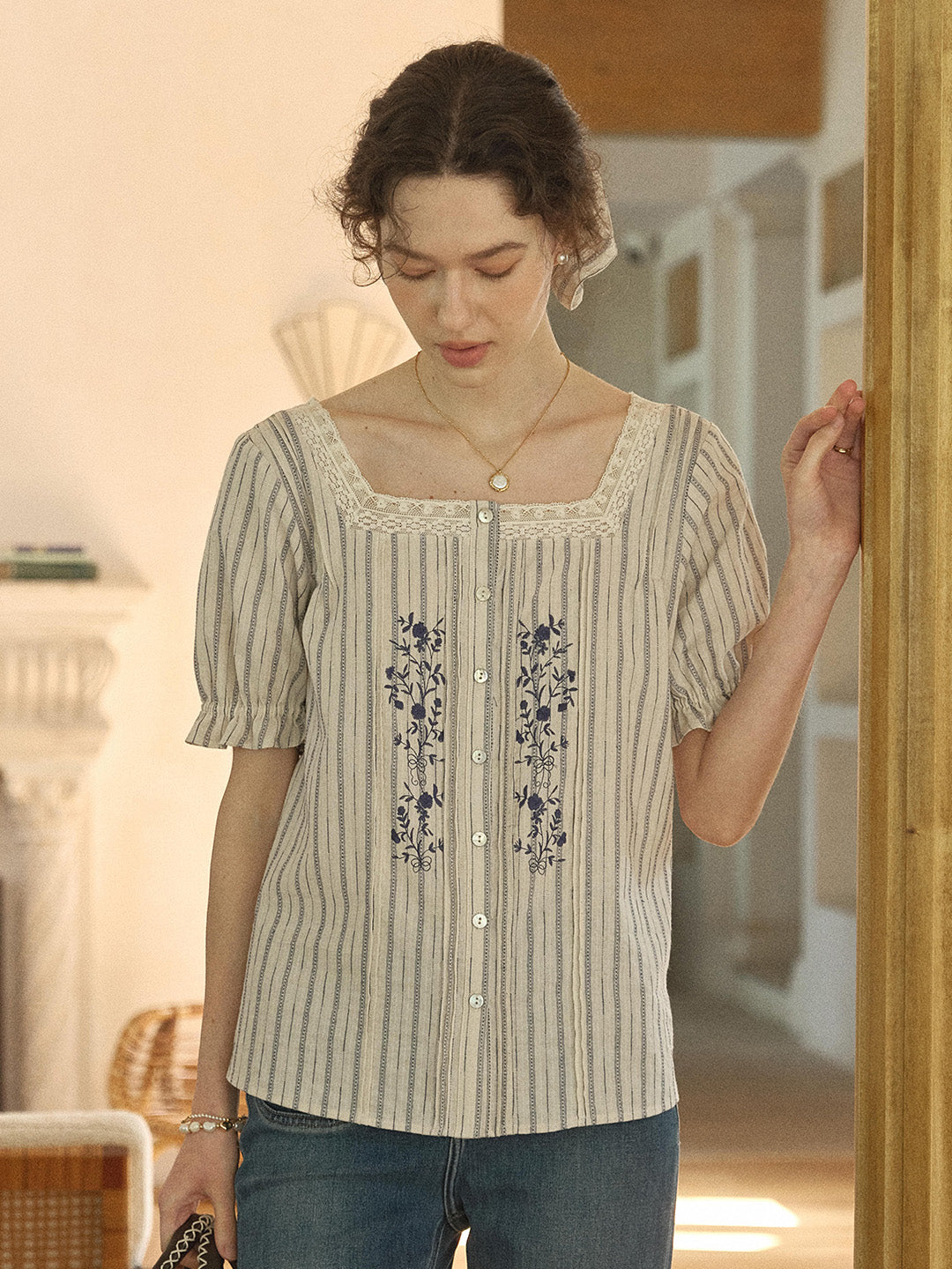 Jemma Square Neck Embroidered 100% Cotton Blouse