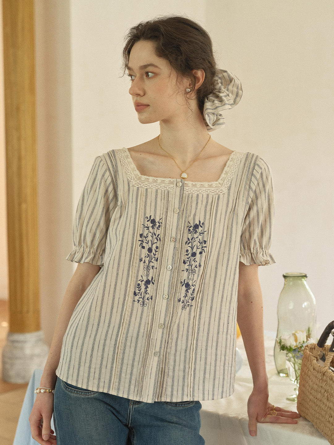 Jemma Square Neck Embroidered 100% Cotton Blouse