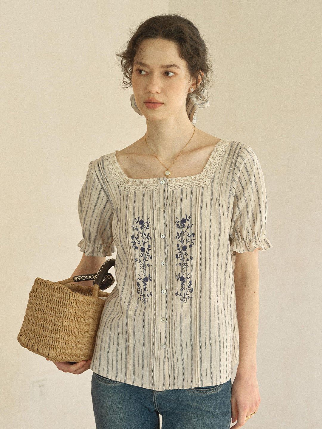 Jemma Square Neck Embroidered 100% Cotton Blouse