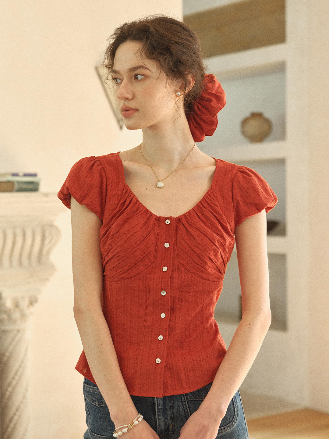 Lacey Round Neck Waist 100% Cotton Blouse