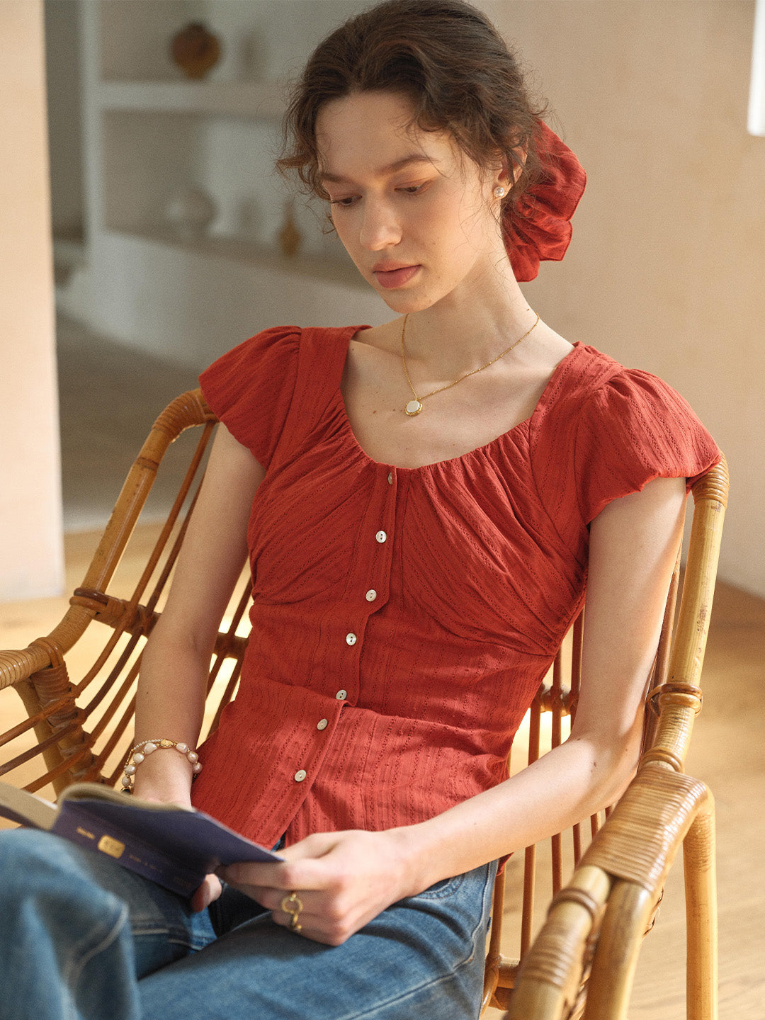 Lacey Round Neck Waist 100% Cotton Blouse