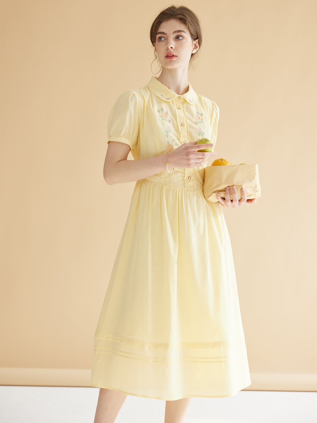 【Final Sale】Maryam Floral Embroidery Puff Sleeve Button Front Shirt Dress