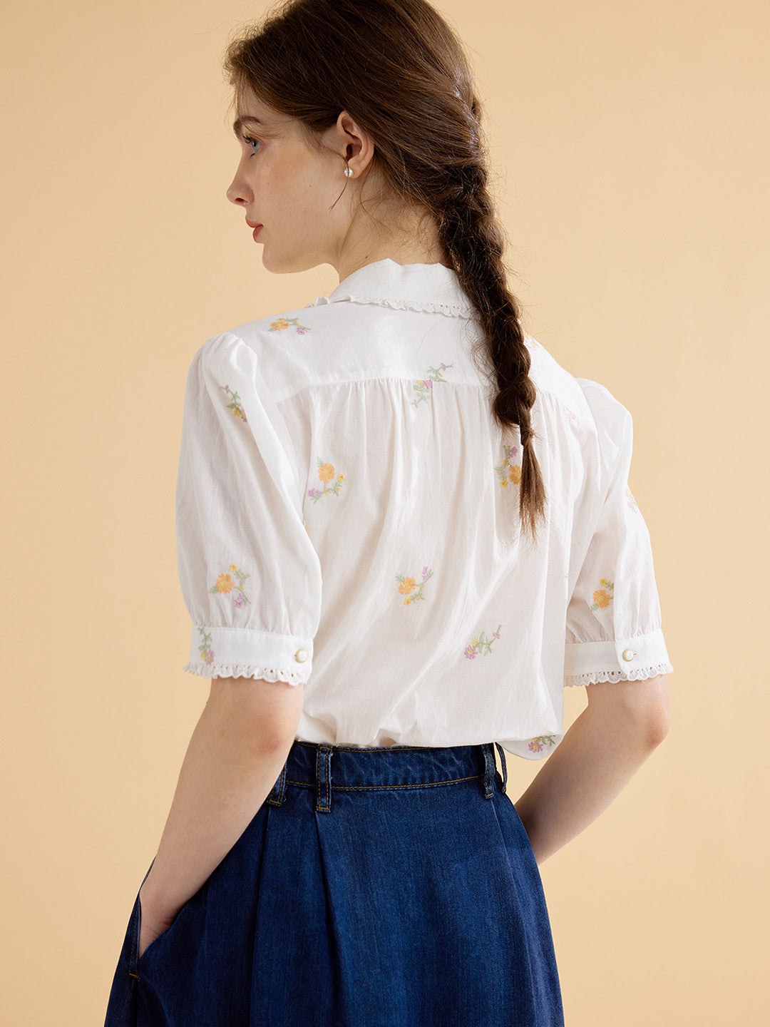 Marceline Simple V Neck Embroidered Cotton Shirt