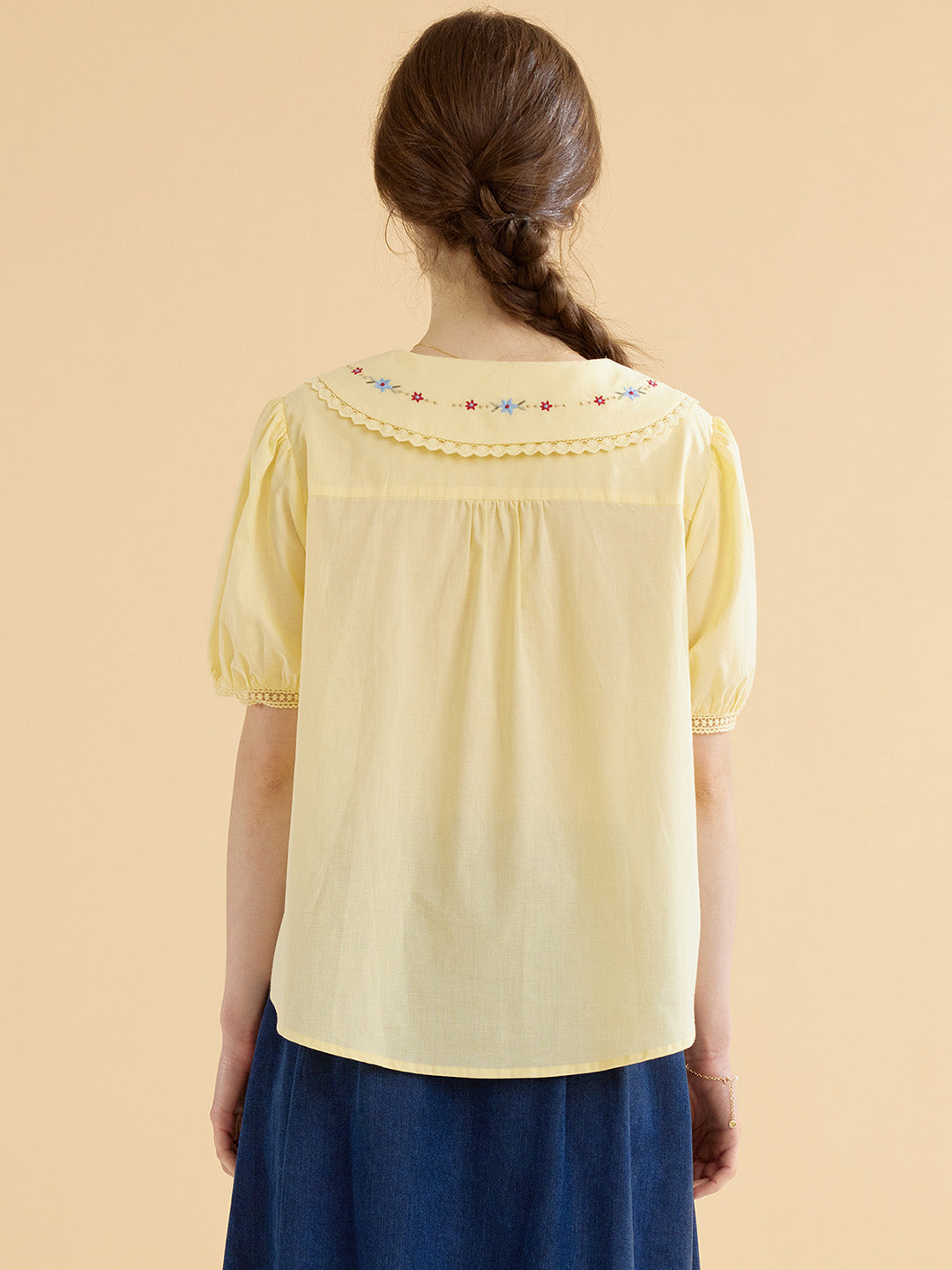 【Final Sale】Angelique Embroidered Lapel Puff Sleeve Cotton Shirt