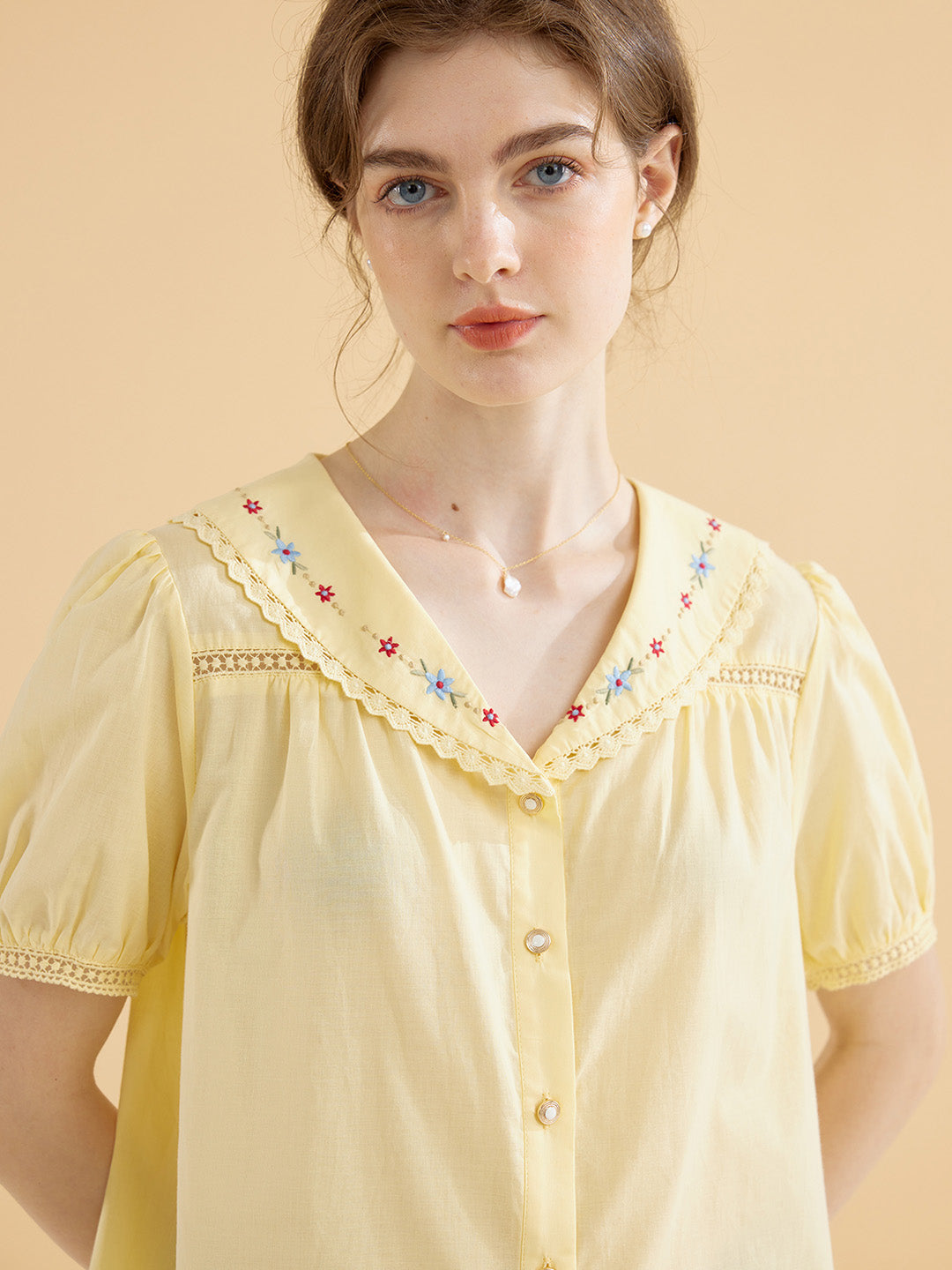 【Final Sale】Angelique Embroidered Lapel Puff Sleeve Cotton Shirt