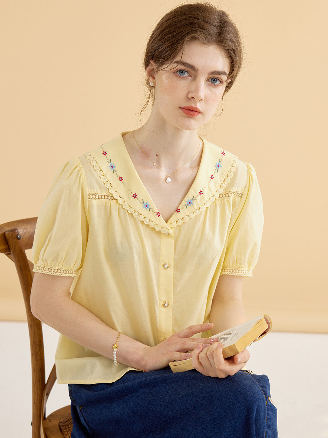【Final Sale】Angelique Embroidered Lapel Puff Sleeve Cotton Shirt
