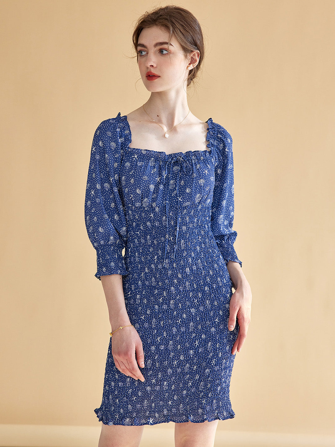 estelle's dressy dresses Estelle Classic Square Neck Shell Print Dress. Simple Retro Womenswear Daily-Vintage Inspired Fashion, Dark Blue / S