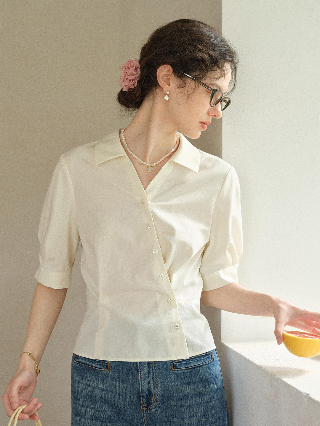 Leslie V-Neck Lyocell Cotton Shirt