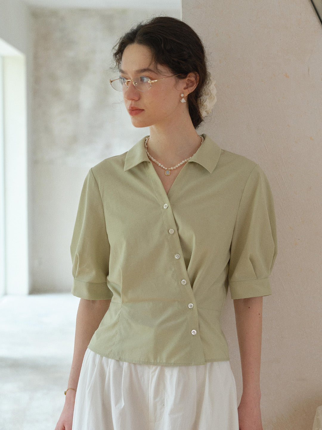 Leslie V-Neck Lyocell Cotton Shirt