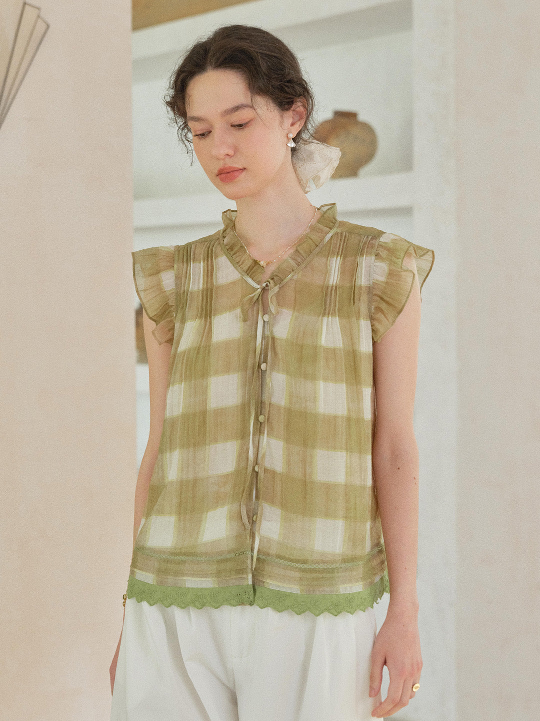 Janelle V-Neck Plaid Blouse