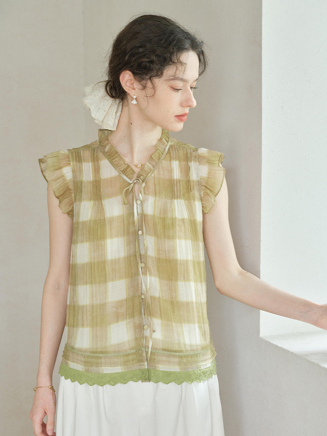 Janelle V-Neck Plaid Blouse