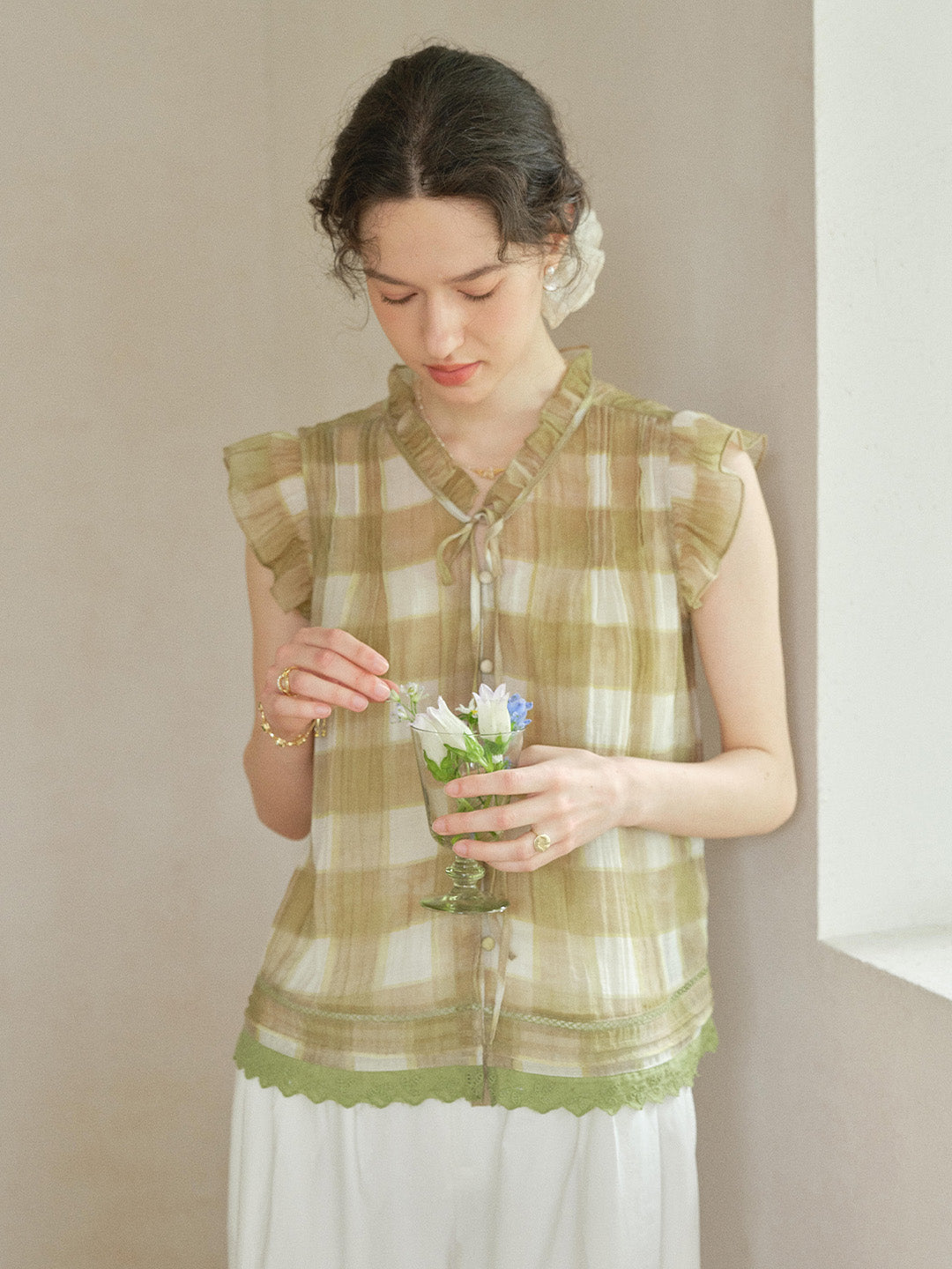 Janelle V-Neck Plaid Blouse
