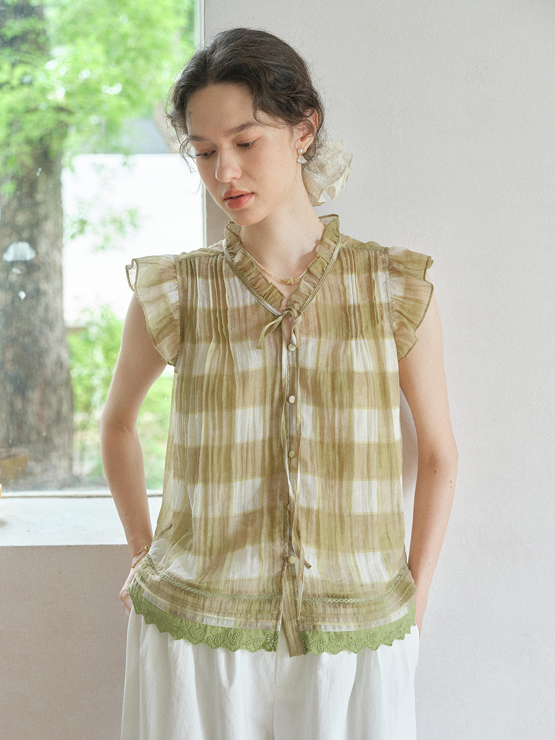 Janelle V-Neck Plaid Blouse