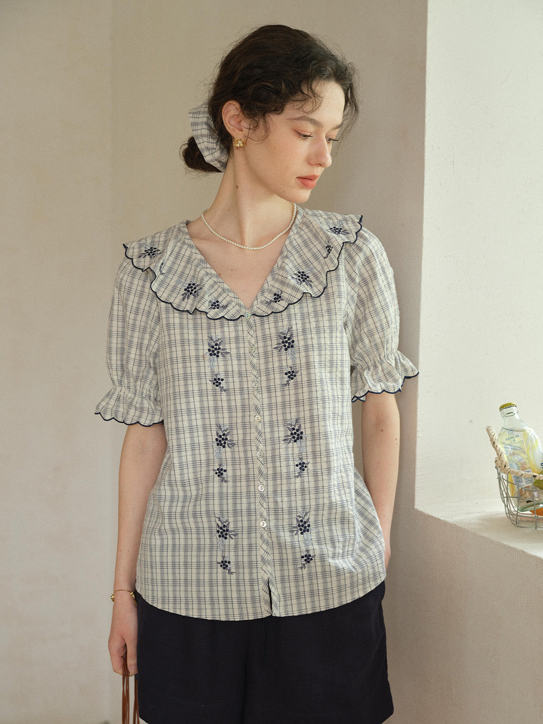 Kaia V-Neck Embroidered Plaid 100%Cotton Blouse