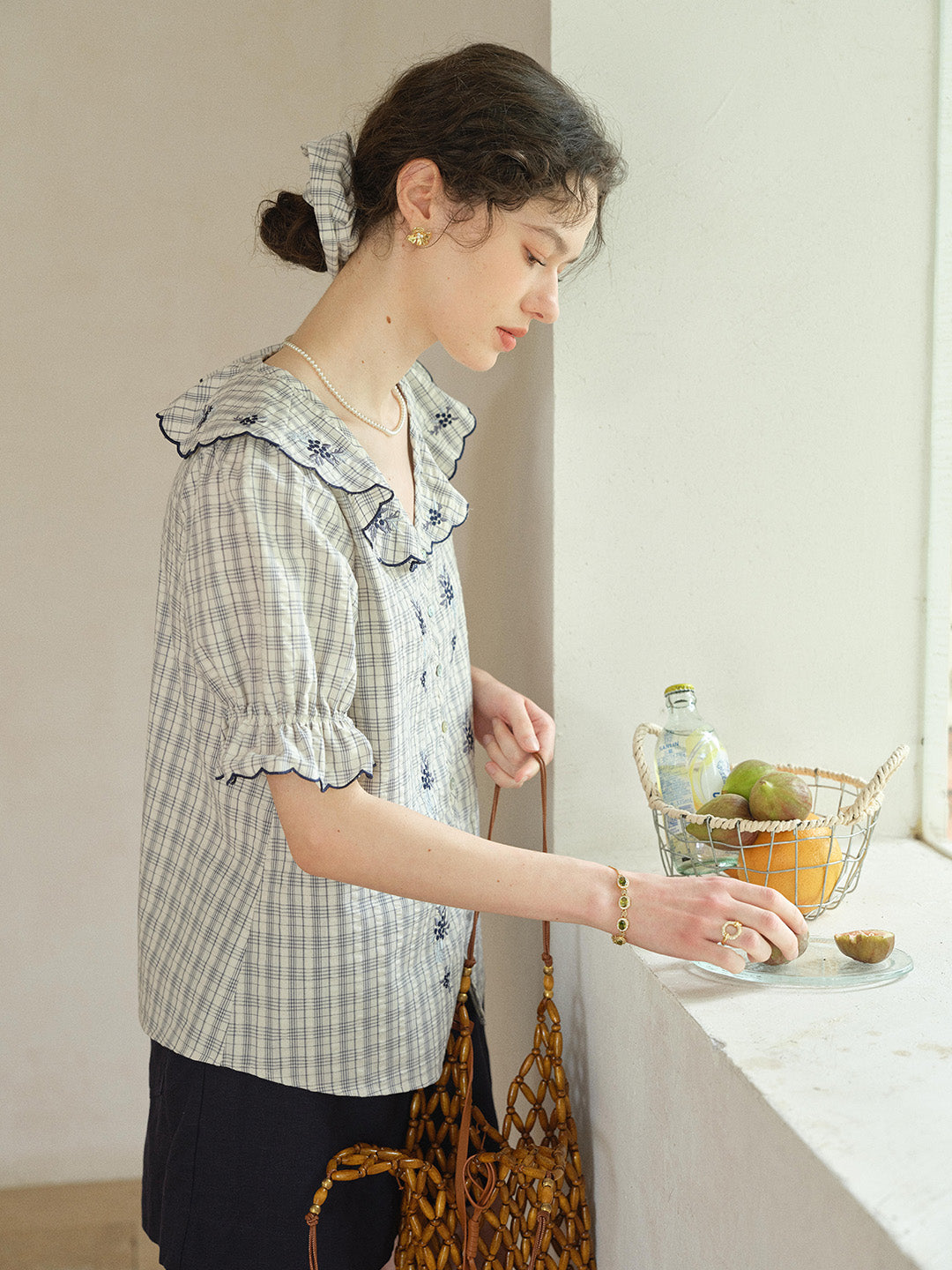 Kaia V-Neck Embroidered Plaid 100%Cotton Blouse