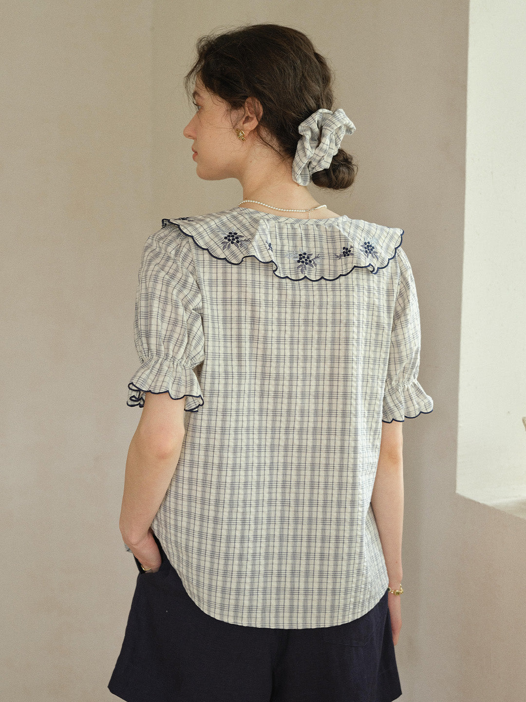 Kaia V-Neck Embroidered Plaid 100%Cotton Blouse