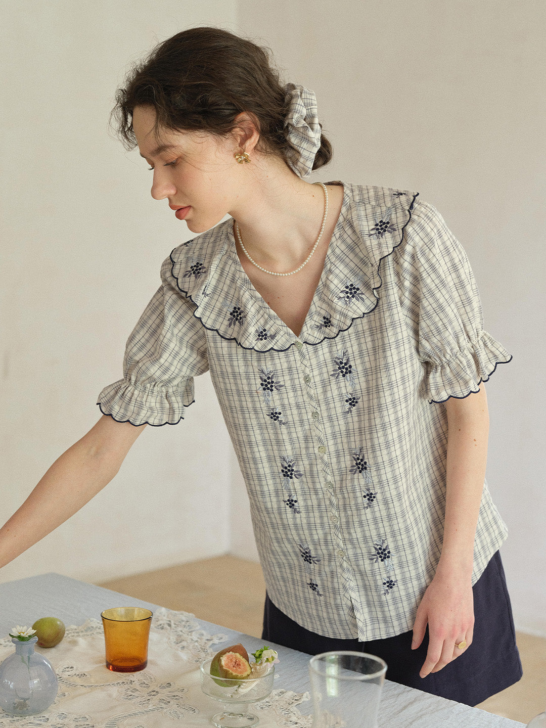 Kaia V-Neck Embroidered Plaid 100%Cotton Blouse