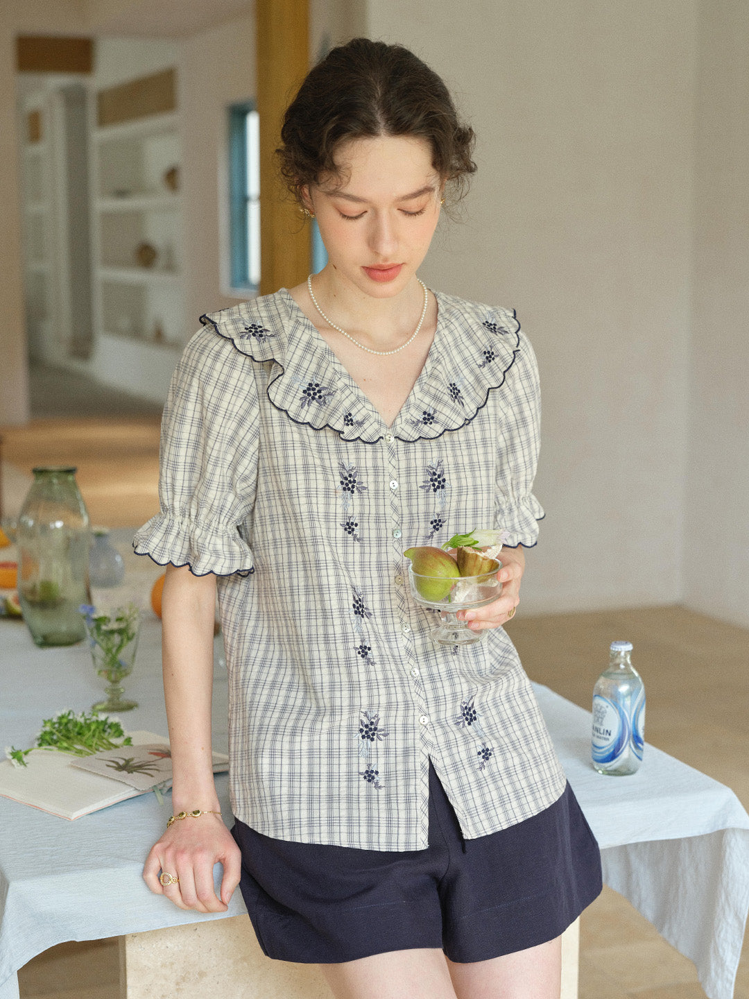Kaia V-Neck Embroidered Plaid 100%Cotton Blouse